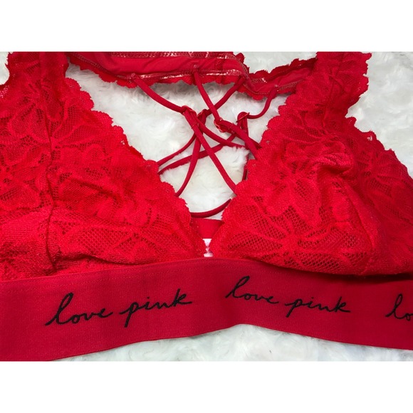 Victorias Secret PINK Red Floral Lace Strappy Back Bralette Love Band Medium - Picture 5 of 6